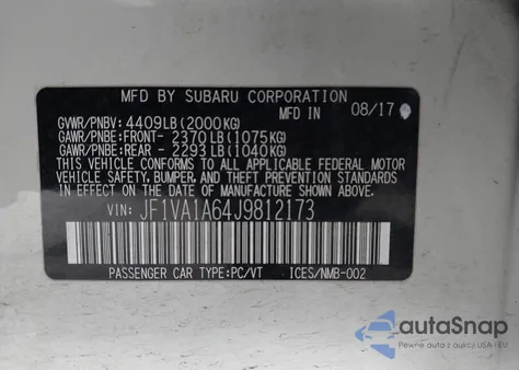 2018 Subaru Wrx z USA, uszkodzony, nr VIN JF1VA1A64J9812173